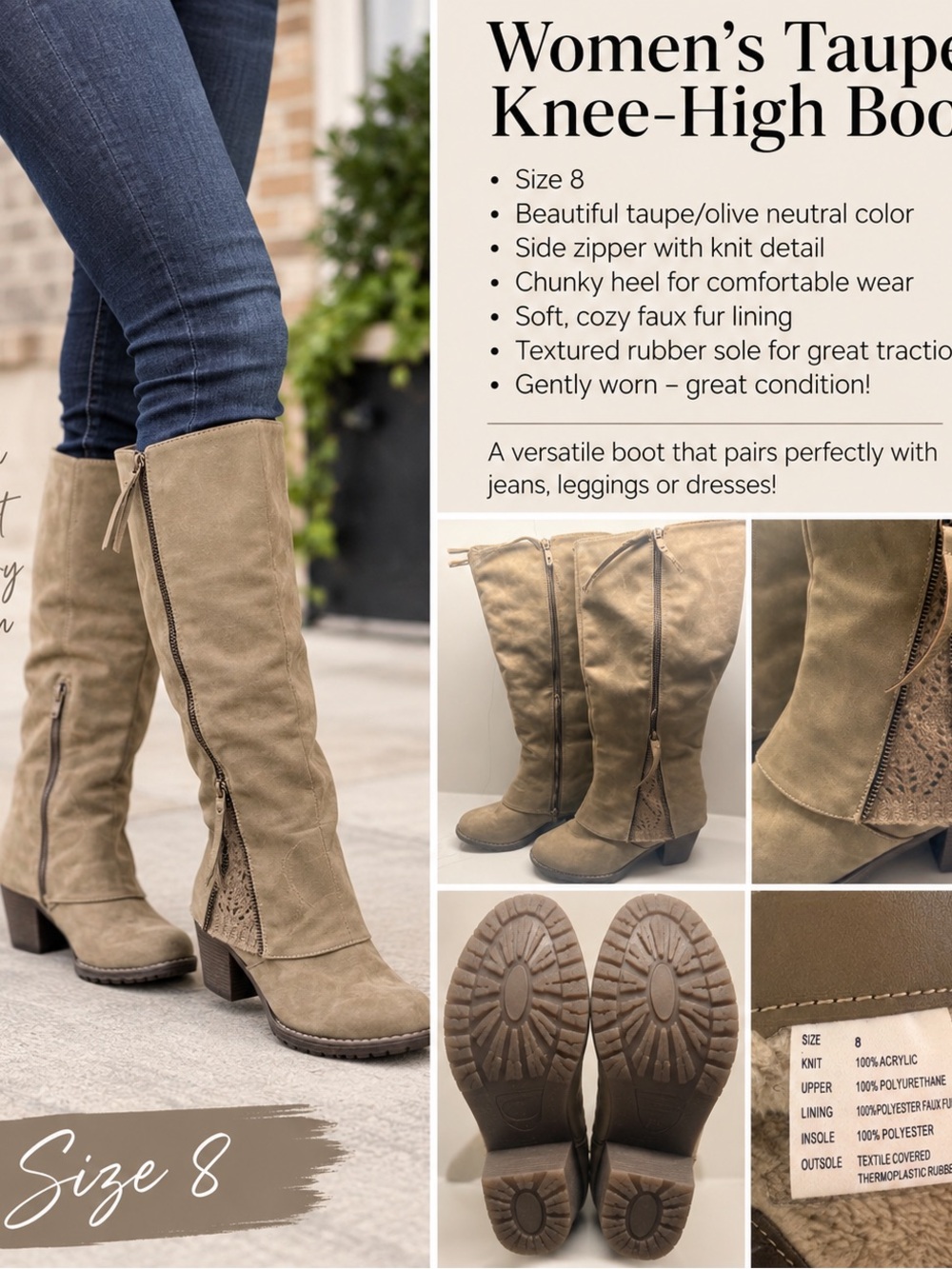 Women's Taupe Knee-High Boots - Size 8